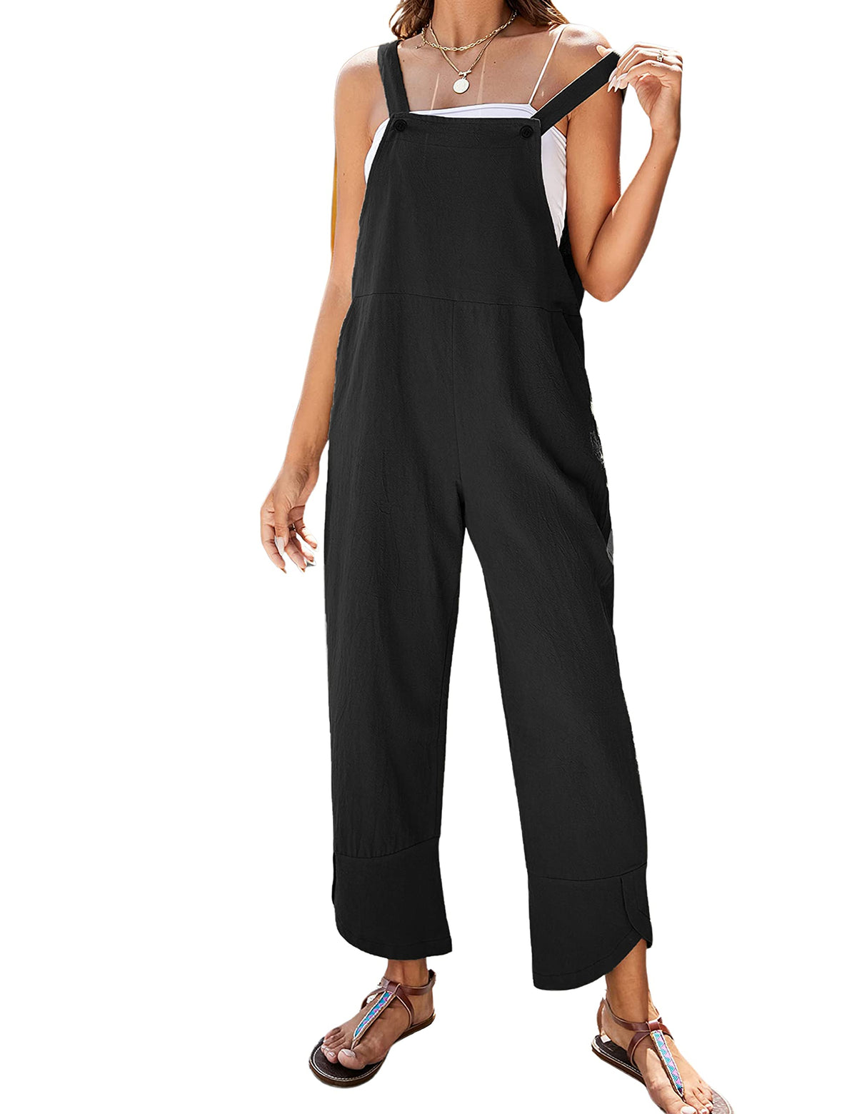 Women's Cotton Linen Bib Overalls | Tulip Wide Leg Jumpsuit with Pockets