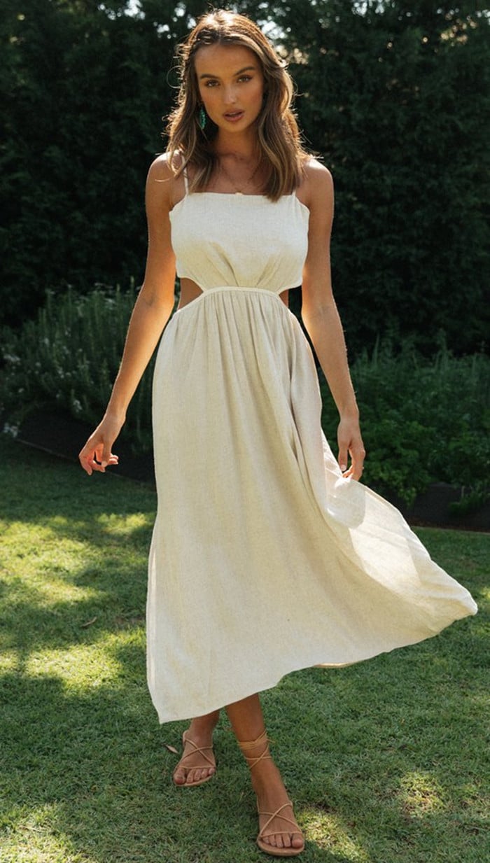 Women's Backless Lace-Up Irregular Slit Dress — High-Waist Ruffle Hem Summer Dress in Beige