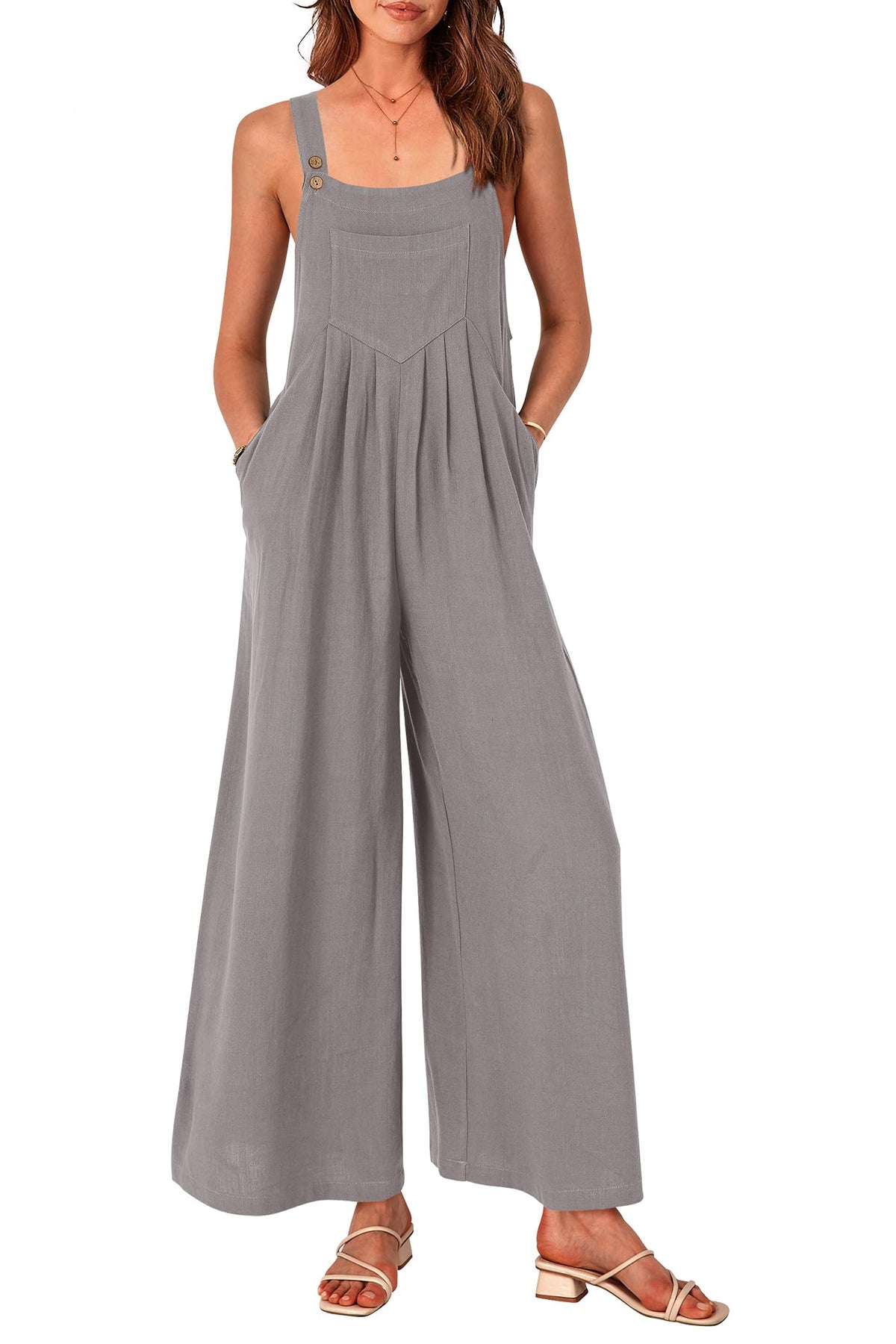 Women's Cotton Linen Bib Overalls | Wide Leg Sleeveless Jumpsuit with Pockets