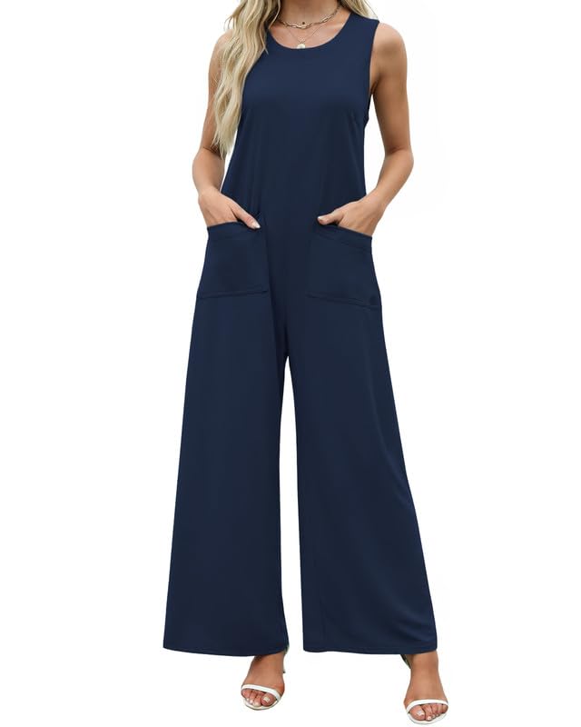 Women's Sleeveless Crewneck Jumpsuit | Keyhole Back Wide Leg with Pockets