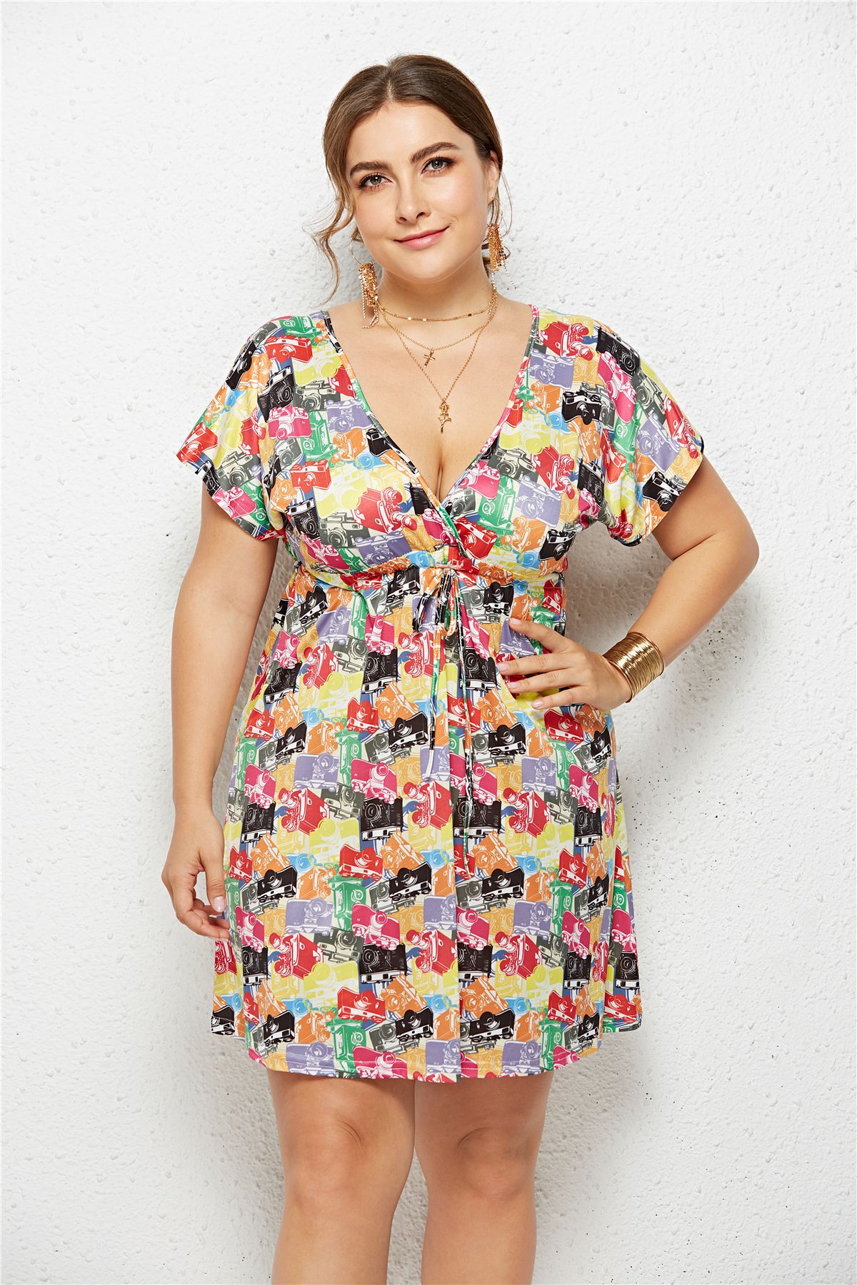 Women's Printed Deep V-Neck Dress — Elastic Waist