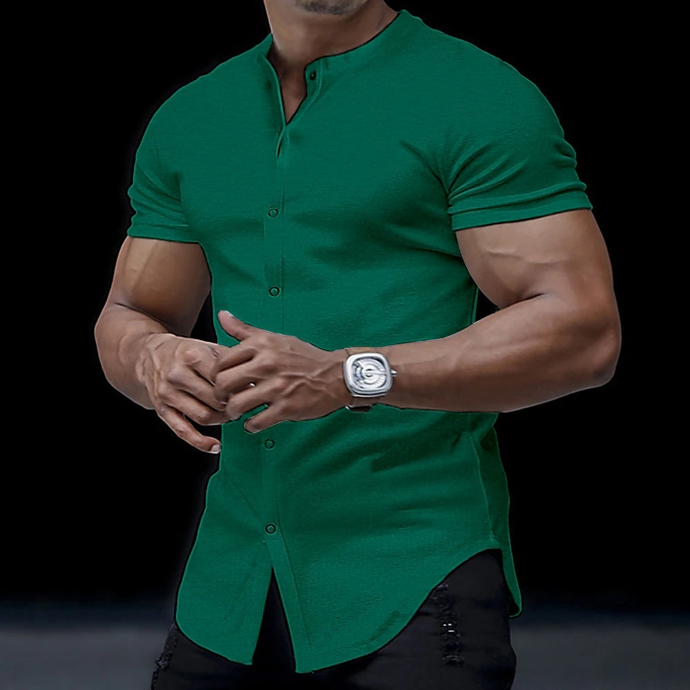 Men's Stand Collar Top | Solid Color Jacquard Polyester