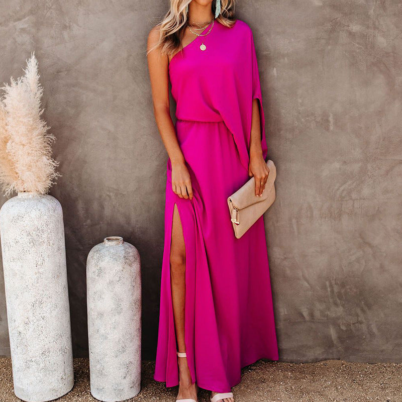 Oblique Collar Off-Shoulder Dress with Side Slit