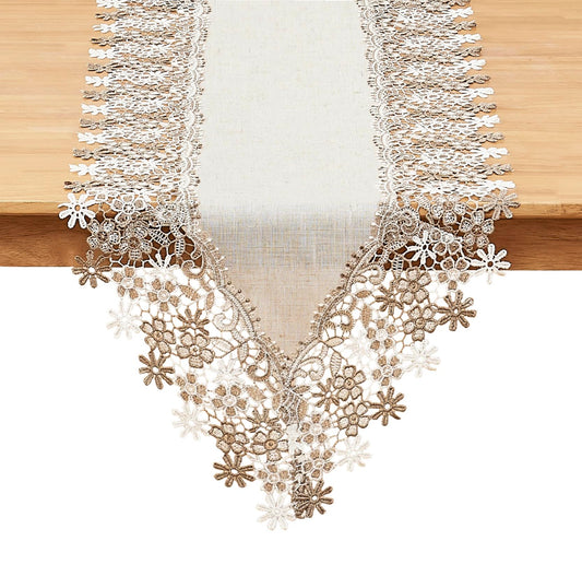 Winotic Natural Neutral Earth Tones Beige Floral Lace Table Runner Dresser Scarf 90 inches Long for Home Decor (Natural 16"x90")