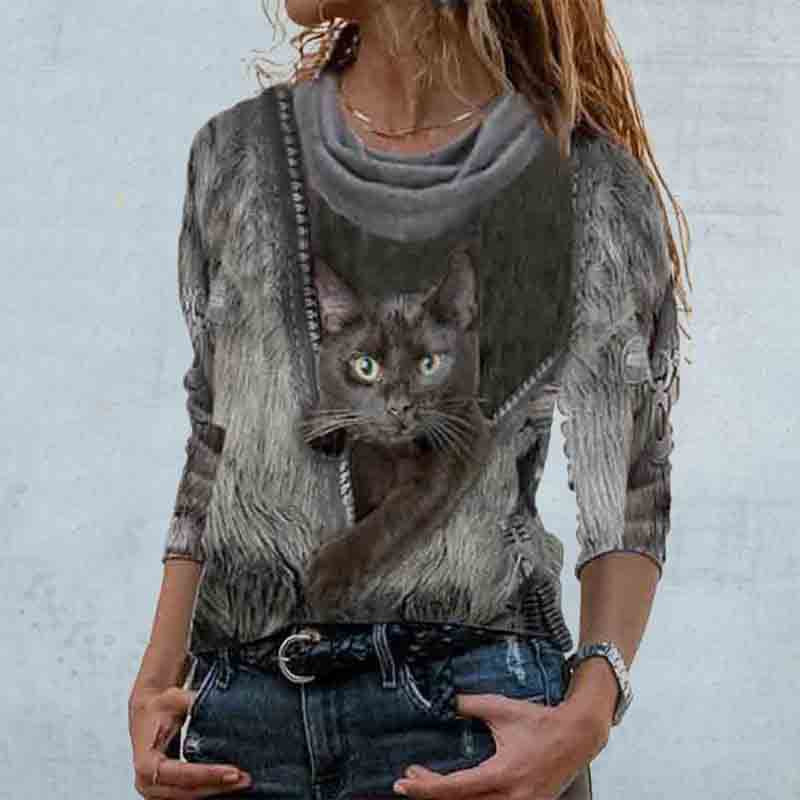 Women's Cat Print Pullover Sweater — Cute Casual Knit Top