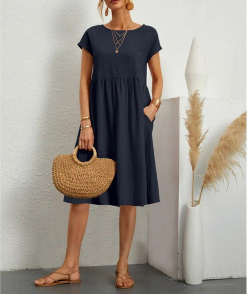 Women's Cotton Round Neck A-Line Skirt Dress