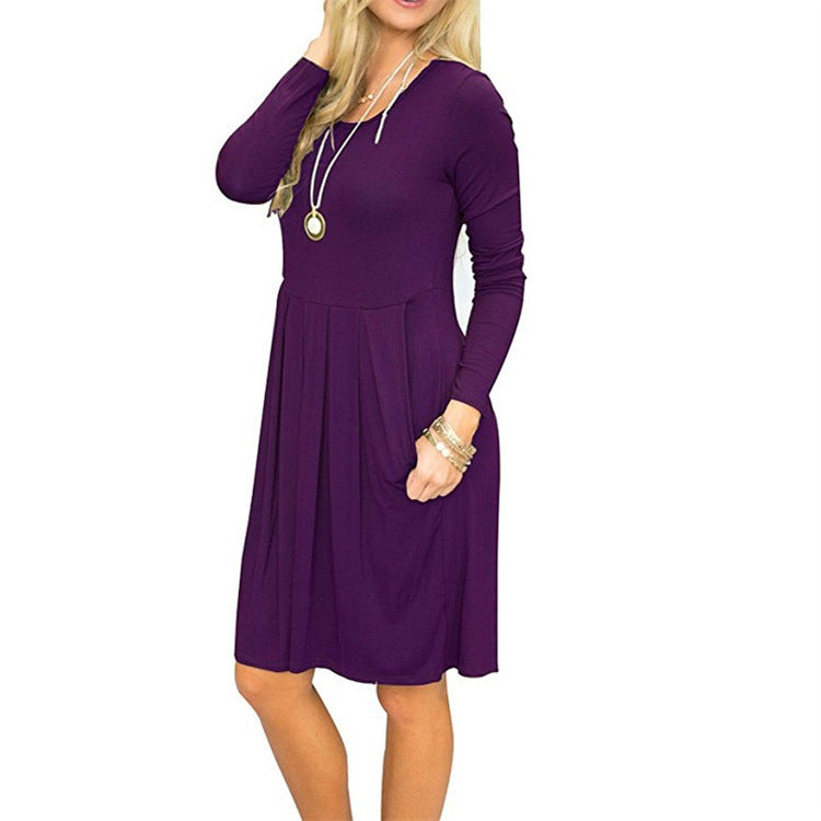 Graceful Fashionable Pleated Round-neck Long-sleeve Dress