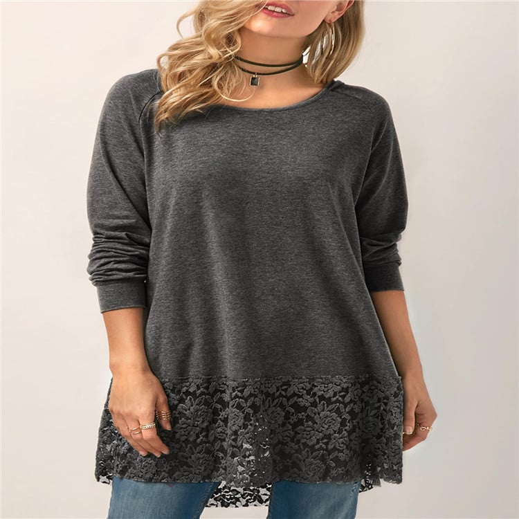 Hooded Long-sleeved T-shirt with Lace Stitching