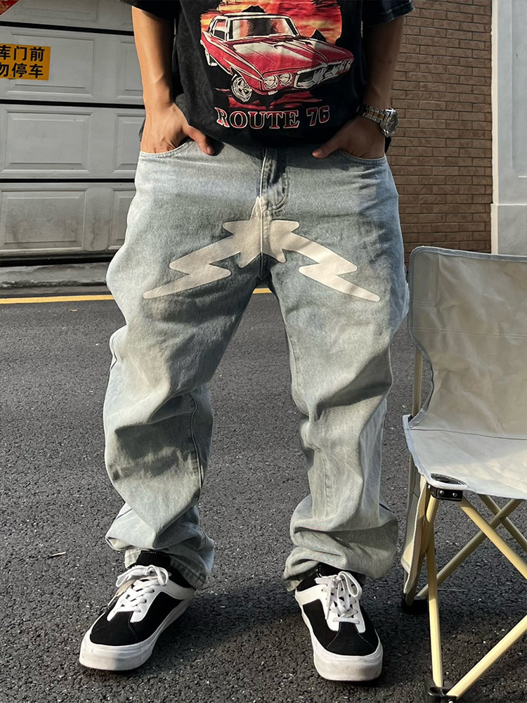 Men's Black Star Printed Baggy Jeans — Streetwear Fashion