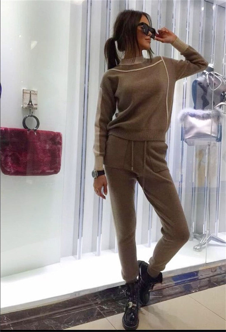 Fashion Color Block Knitted Women's Casual Set