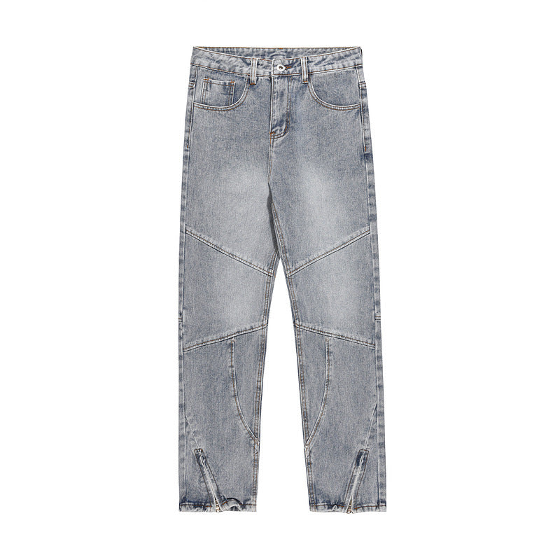 Men's Blue Zipper Splicing Wash Jeans