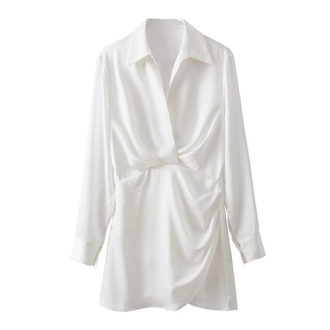 Silk Satin Texture Waist Shirt Dress - Euro & US Style