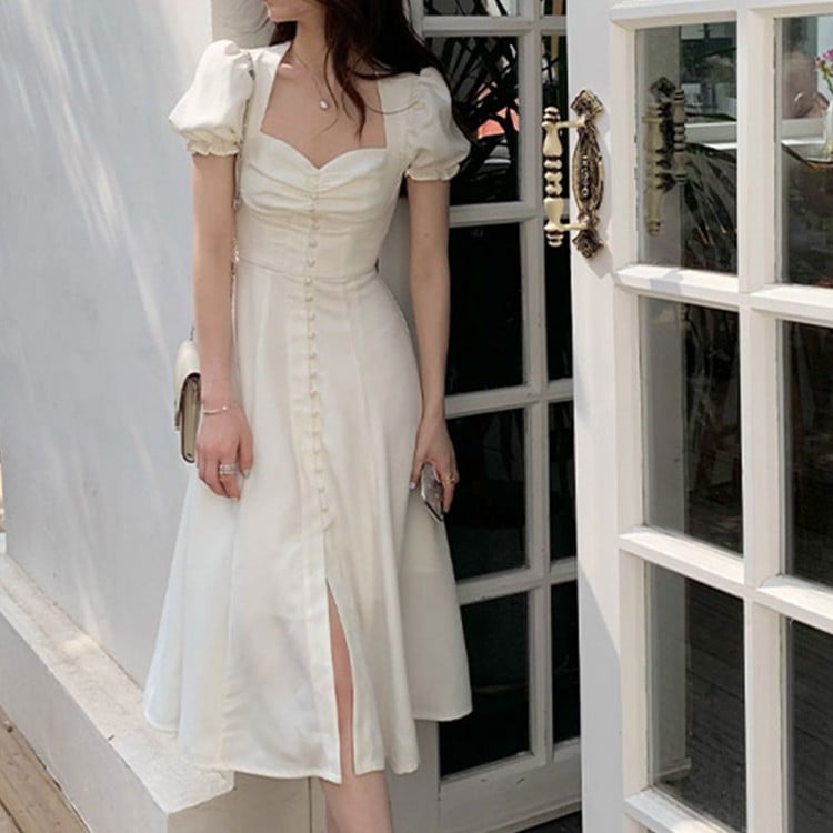 Square Neck Waist Tie Bubble Sleeve Dress for Women