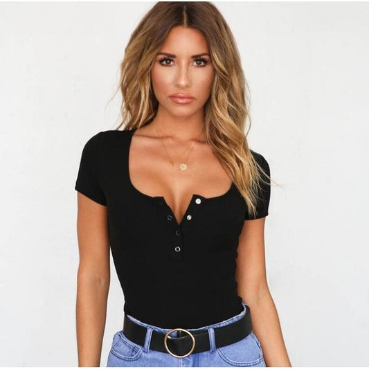 Women's Short Sleeve Button Slim T-Shirt for Street Style