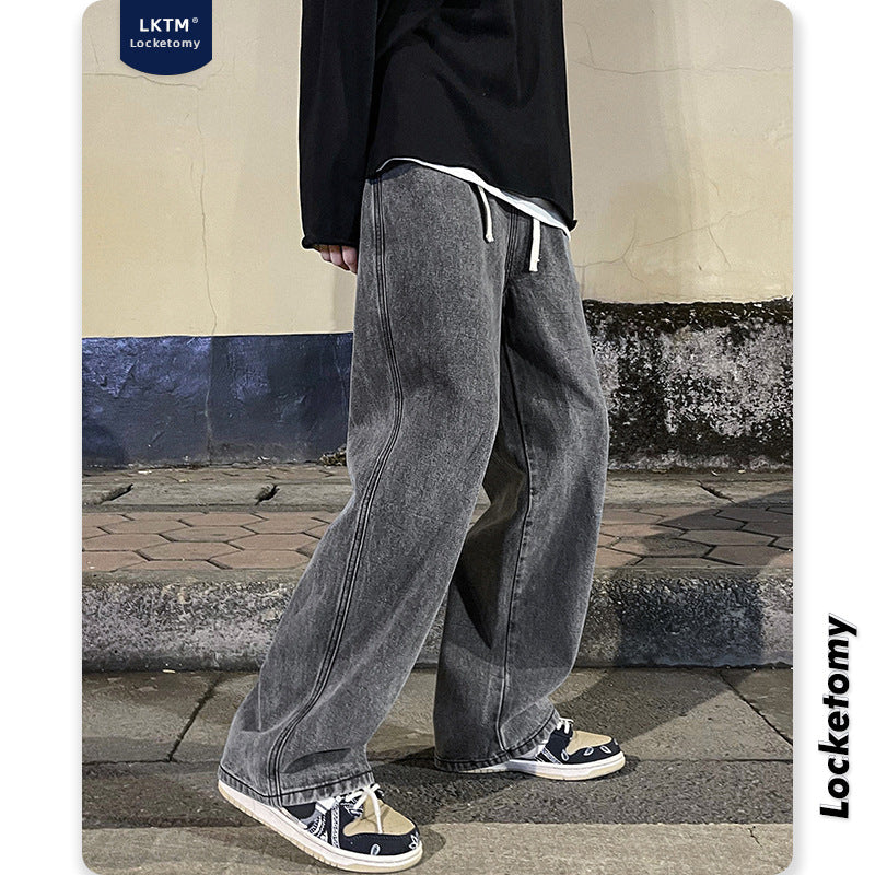 LKTM Men's Hip-Hop Loose Fit Denim Wide-Leg Pants