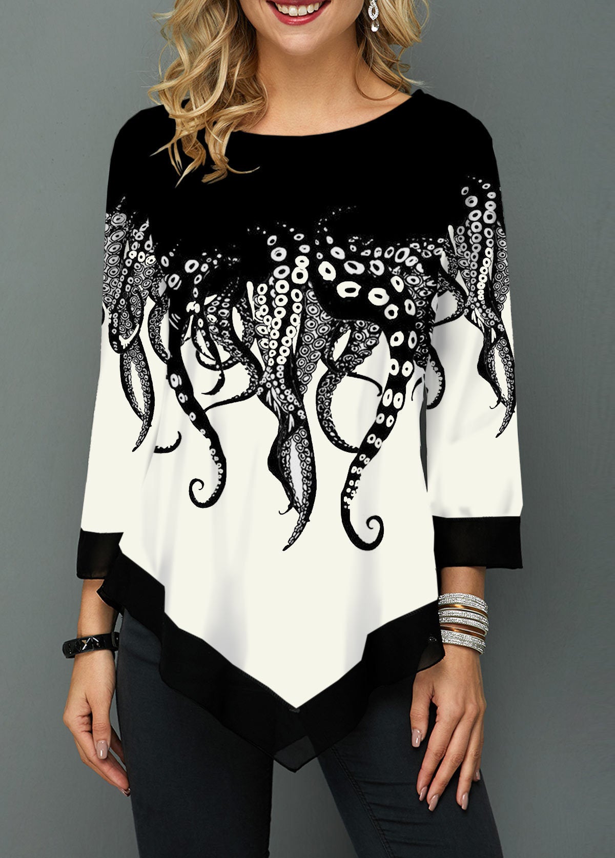 Striped Irregular Print Color-Block 3/4 Sleeve T-Shirt