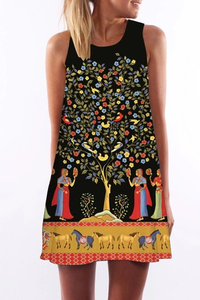 Sleeveless Vintage Round Neck Digital Print Dress