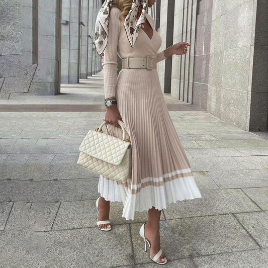 Belted Slim V-Neck Knitted Pleated Dress