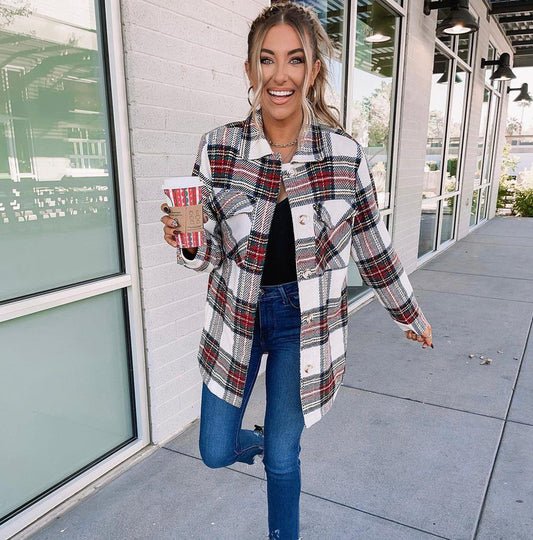 Women's Plaid Loose Coat | Long Sleeve Oversized | White | S–3XL
