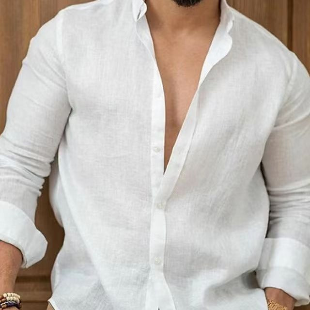 Men's Casual Cotton Linen Solid Color Shirt