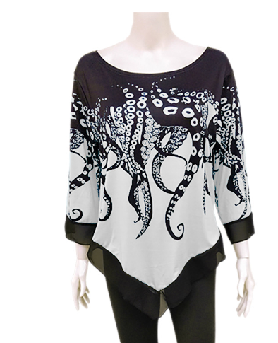 Striped Irregular Print Color-Block 3/4 Sleeve T-Shirt