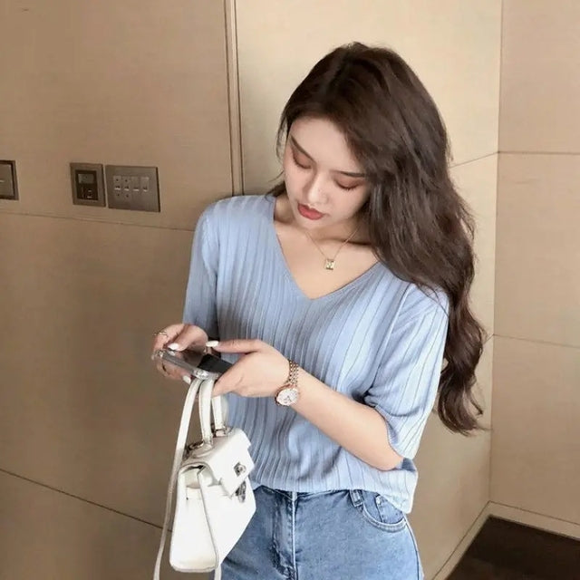 Summer Loose Fit Chicken Heart Collar Ice Silk T-Shirt