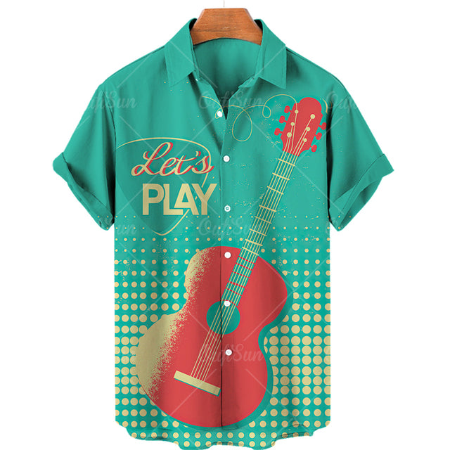 Men's Casual 3D Guitar Print Short Sleeve Shirt