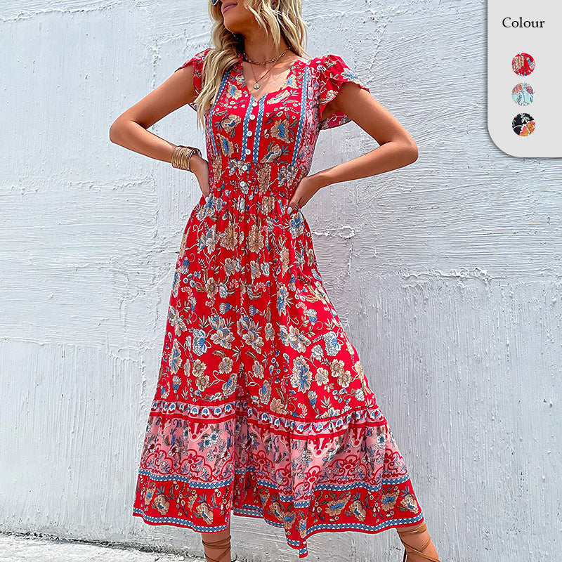 Summer Ethnic Style V-Neck Vacation Dress for Women