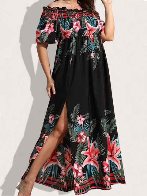 Plus Size Tropical Print Off-Shoulder Maxi Dress