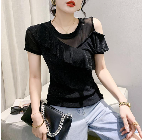 Women's Ruffled Short-Sleeved Chiffon Shirt with Mesh