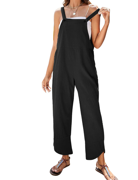 Women's Cotton Linen Bib Overalls | Tulip Wide Leg Jumpsuit with Pockets