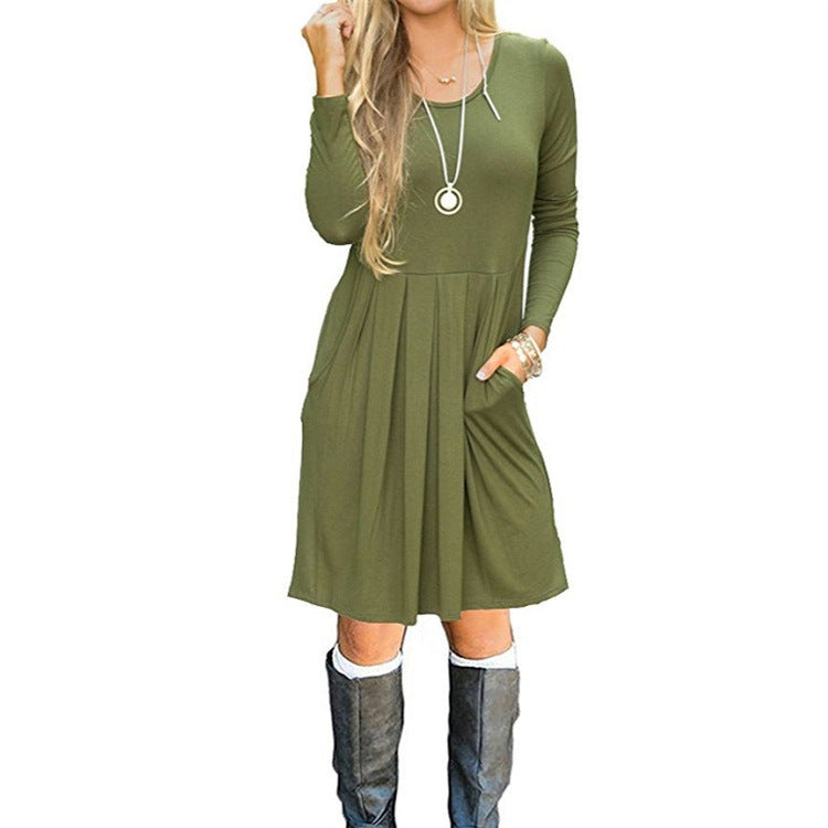 Graceful Fashionable Pleated Round-neck Long-sleeve Dress