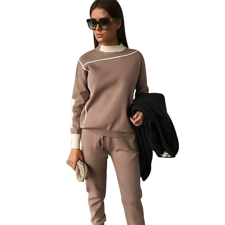 Fashion Color Block Knitted Women's Casual Set