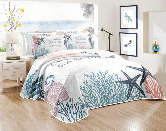 Coastal Bedding King Size Coastal Quilt with 2 Shams Nautical Bedding Beach Comforter Sets Ocean Bedspreads Coastal Coverlet Summer Bedding 96x106