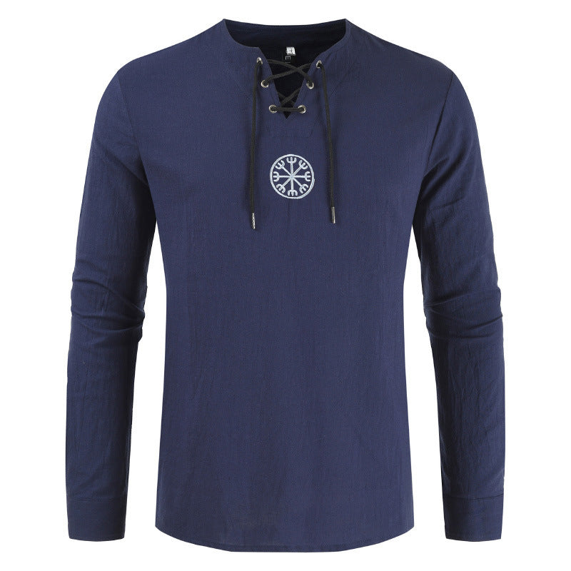 Embroidered Long-Sleeved Cotton Linen Tether Shirt
