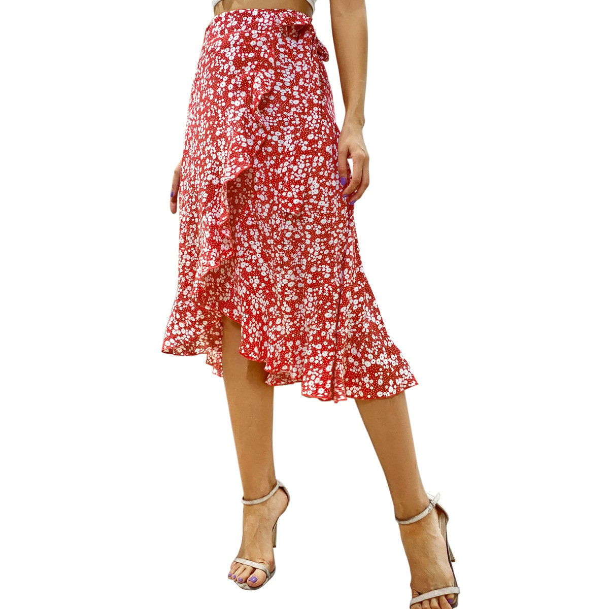 Retro Floral Wave Lace-Up Skirt for Holidays