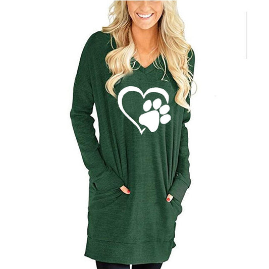 Loose Long-Sleeved V-Neck Pocket T-Shirt with Slits
