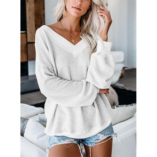 Loose V-Neck Knit Sweater — Plaid Design