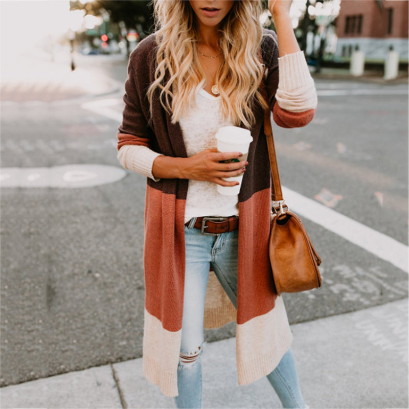 Women's Color Block Cardigan Sweater | Three-Tone Knit | Orange, Khaki, Blue, Grey | S–XXL
