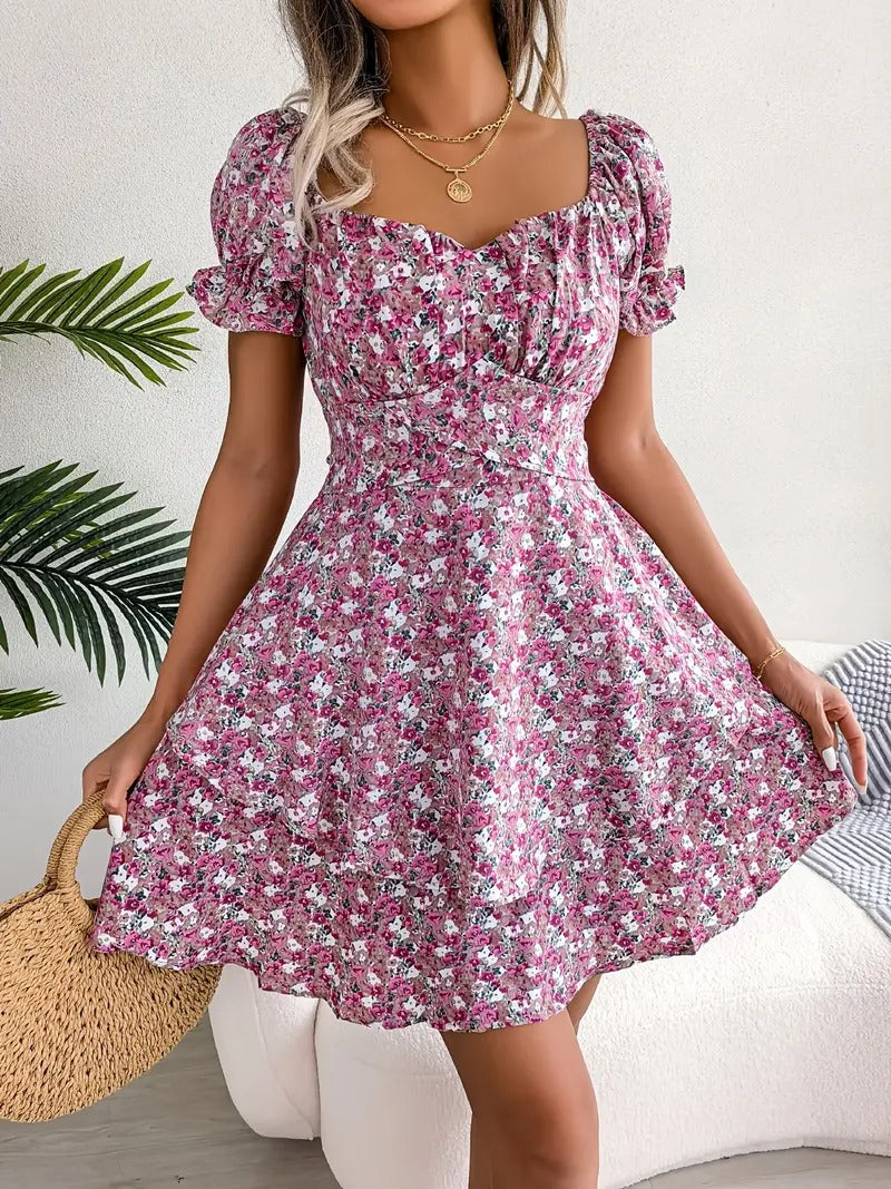 Bohemia Floral Print Puff Sleeve Ruffle Hem Dress