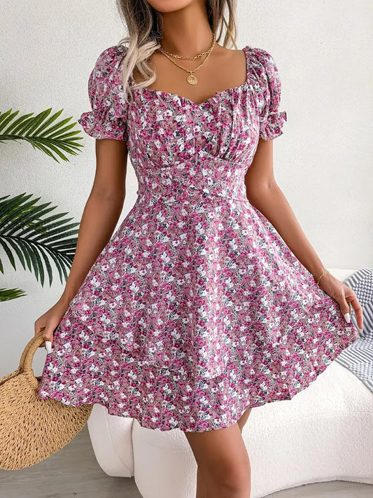 Bohemia Floral Print Puff Sleeve Ruffle Hem Dress