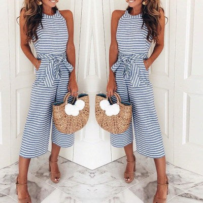 Striped Sexy Bodycon Jumpsuit with Crew Neck