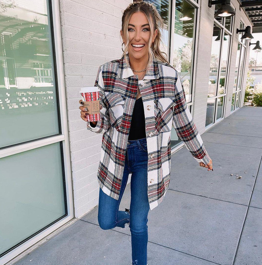 Women's Plaid Loose Coat | Long Sleeve Oversized | White | S–3XL