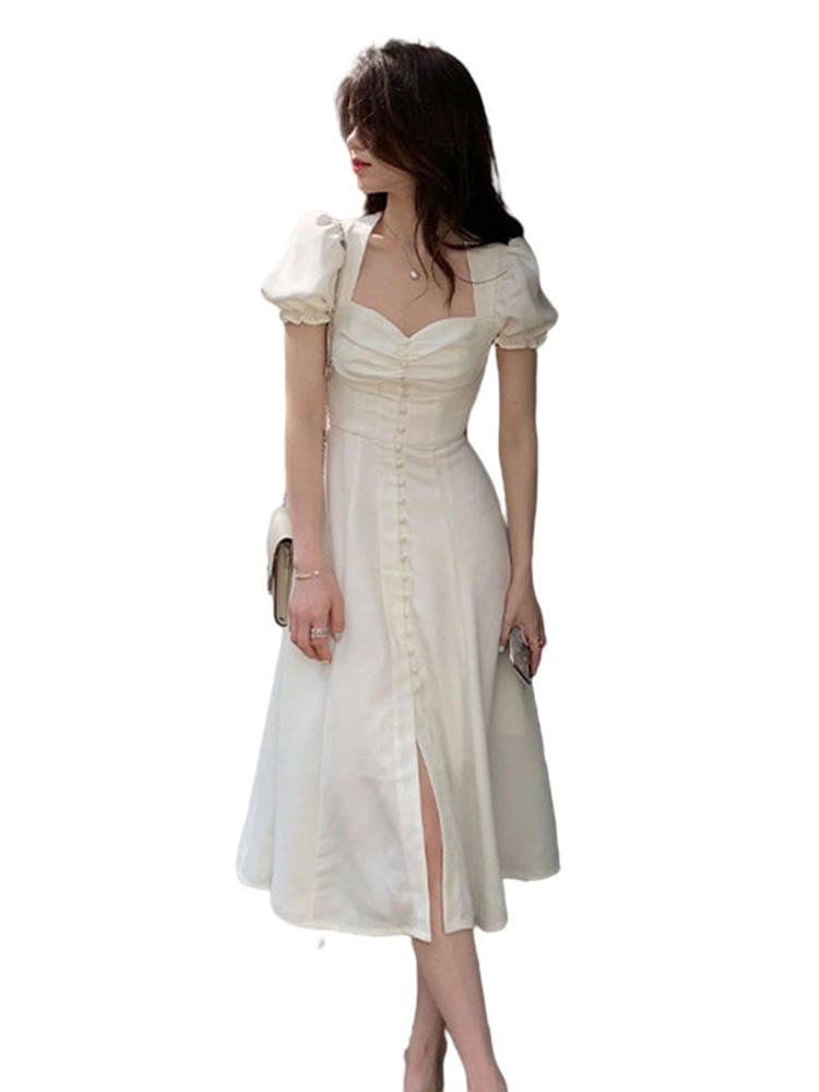 Square Neck Waist Tie Bubble Sleeve Dress for Women