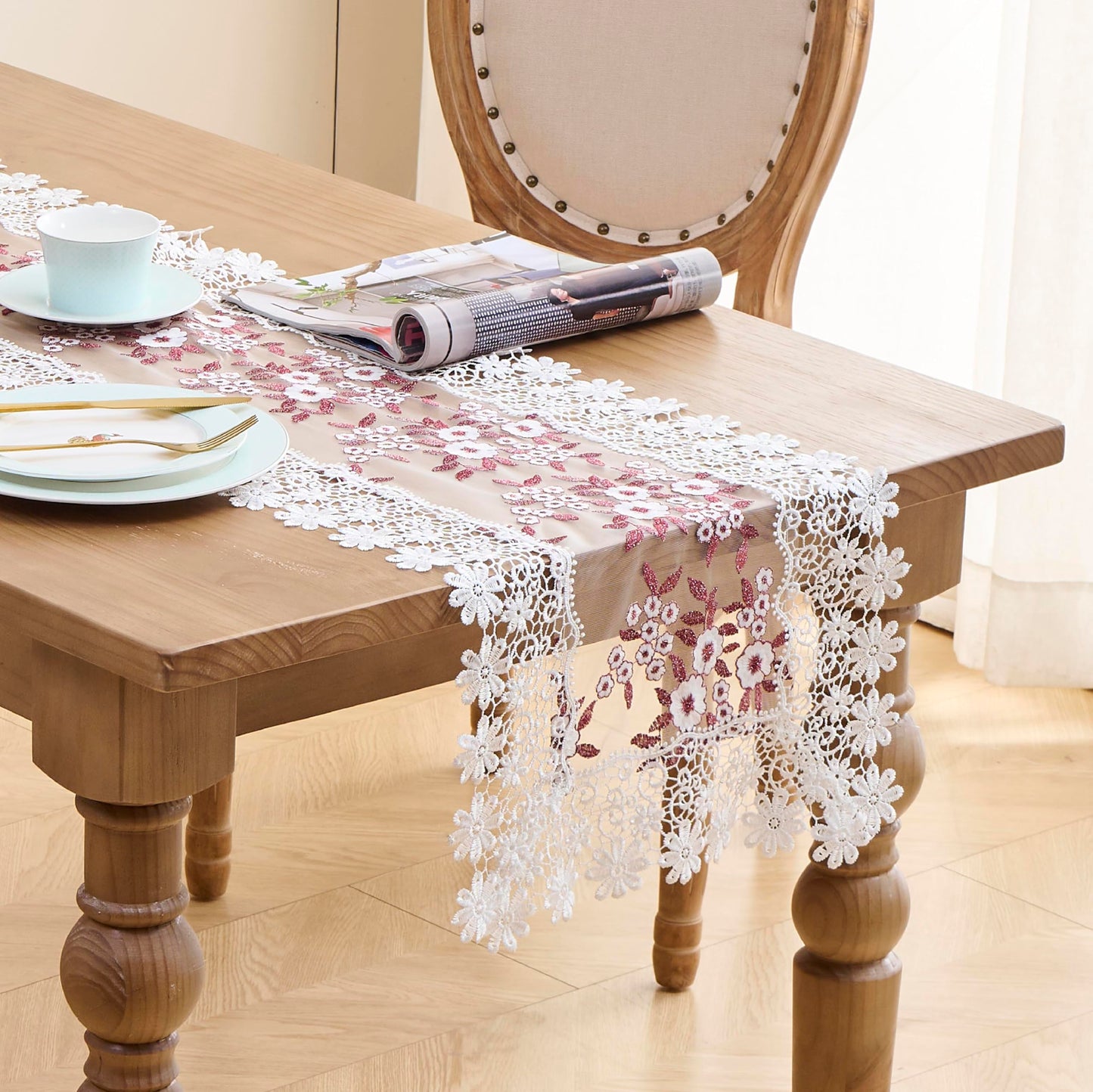 Raedan White Floral Wine Red Leaves Lace Table Runner 90 inches Dresser Scarf for Christmas Spring Easter Summer Kitchen Wedding Party (Wine Red 16”x90”)