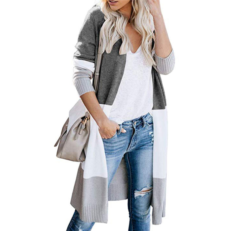 Women's Color Block Cardigan Sweater | Three-Tone Knit | Orange, Khaki, Blue, Grey | S–XXL