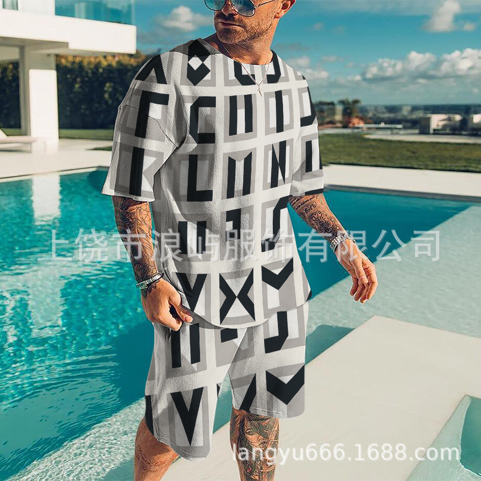 Men's Color Block 3D Printed T-Shirt Set