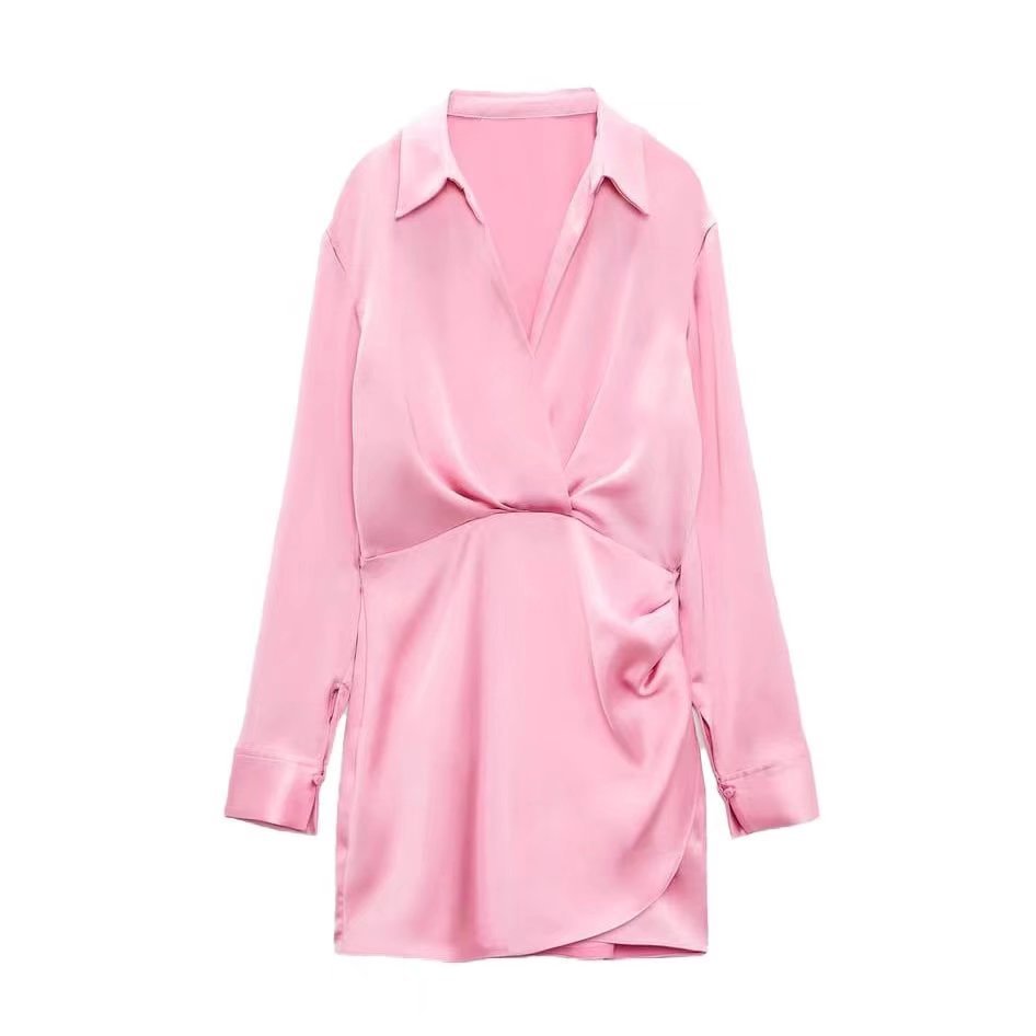 Silk Satin Texture Waist Shirt Dress - Euro & US Style