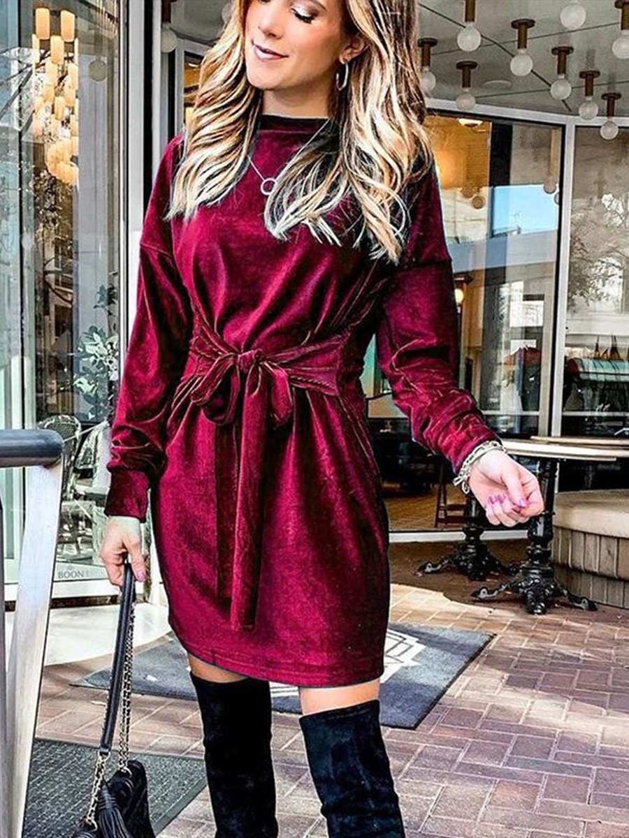 Round Neck Lace-Up Velvet A-Line Skirt