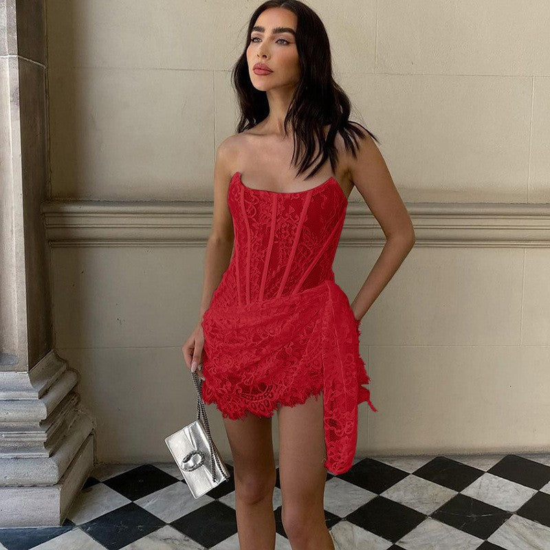 Fashionable Lace Low-Cut Dress for Women in Autumn